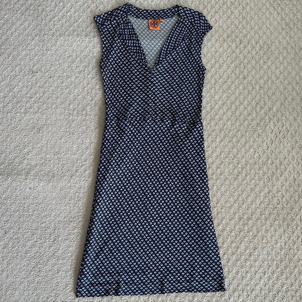 Tory Burch Geometric Print Cap Sleeve Midi Dress Navy/White S Designer Office